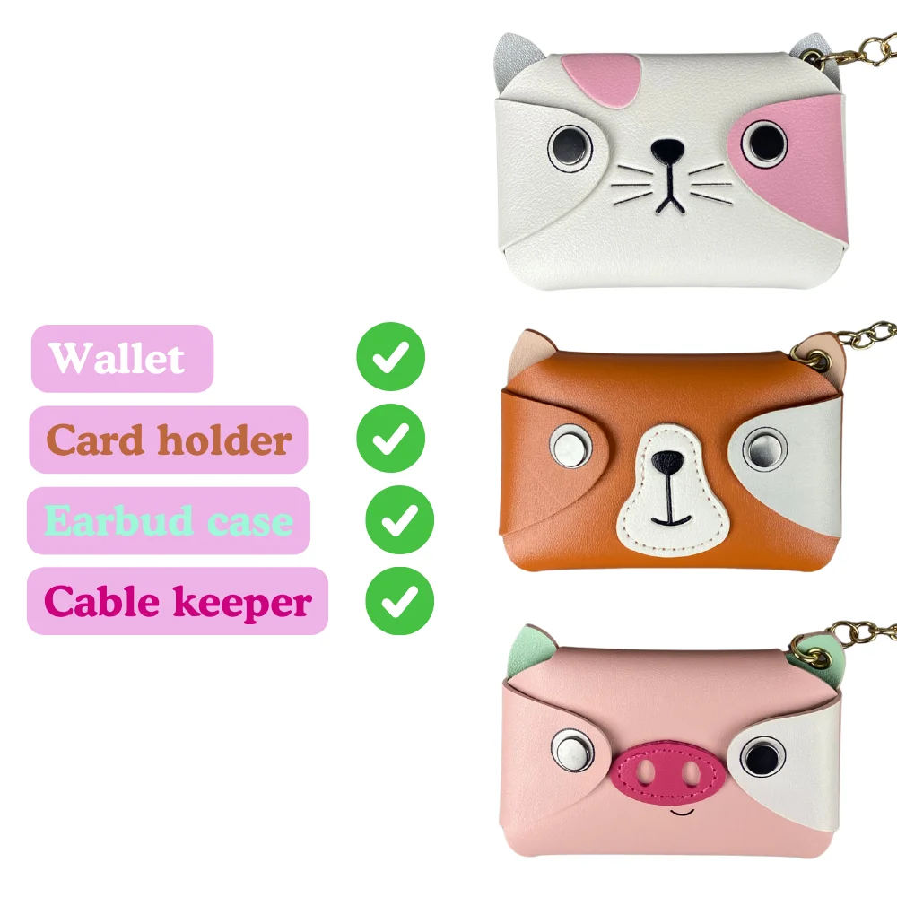 Tarjetero con llavero: lindo animal (cachorro, gatito, cerdito), mini bolsa de cuero PU para tarjetas, auriculares, monedas y lápiz labial, dije de bolso