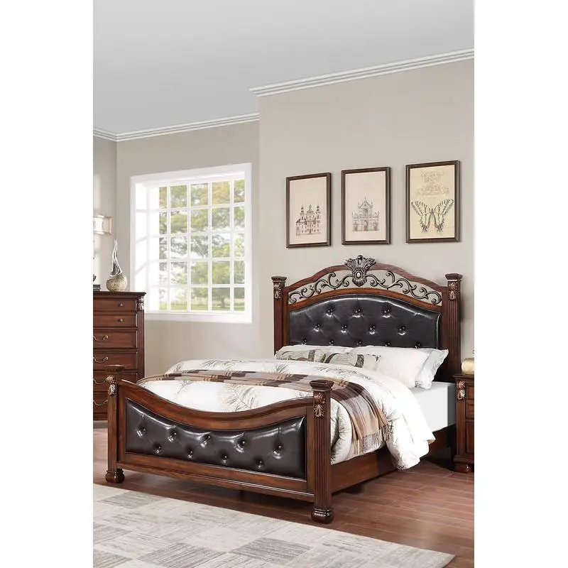 California King Size Bed Frame, Tufted Faux Leather Headboard & Footboard, Formal Traditional Dark Cherry Design, Perfect for