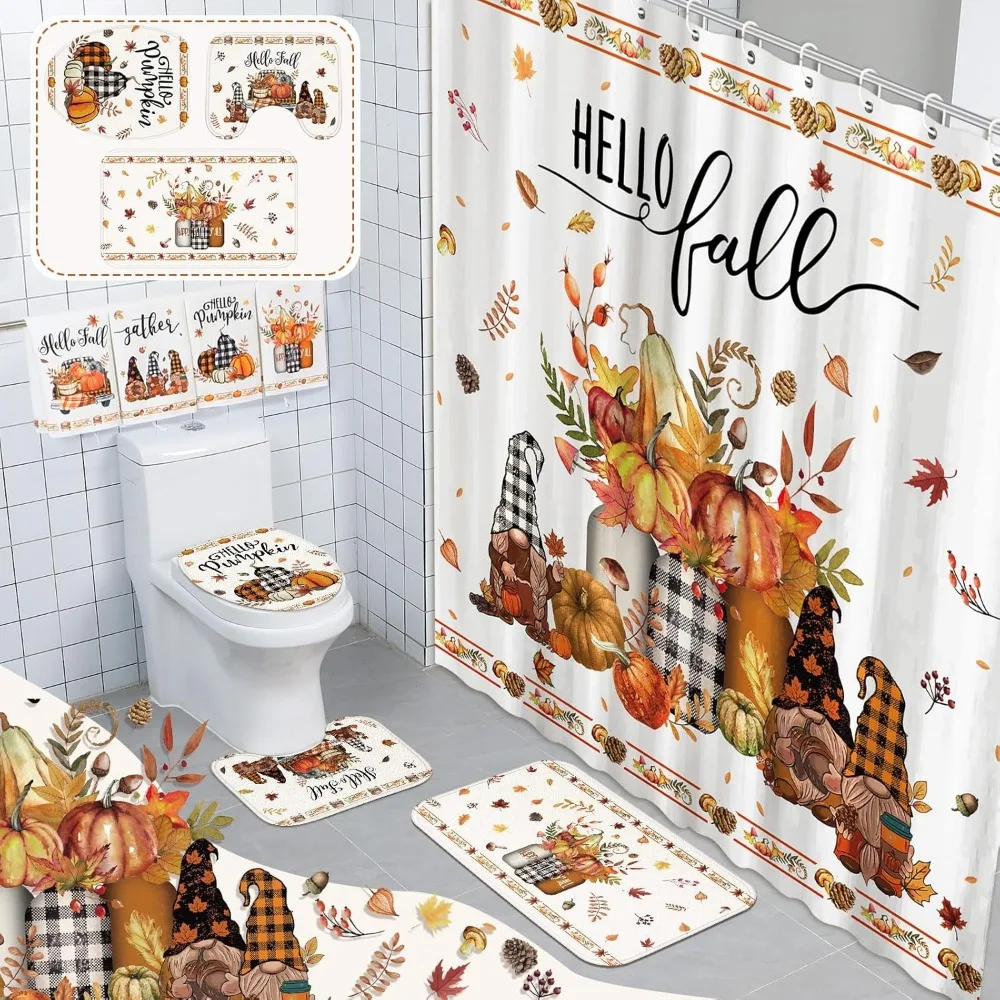 

8-częściowy набор занавесок для душа «Hello Fall» для ванной комнаты включает в себя урожай, осенний гном, занавеска для душа, полотенца, нескользящие коврики, крышка для унитаза, ков.
