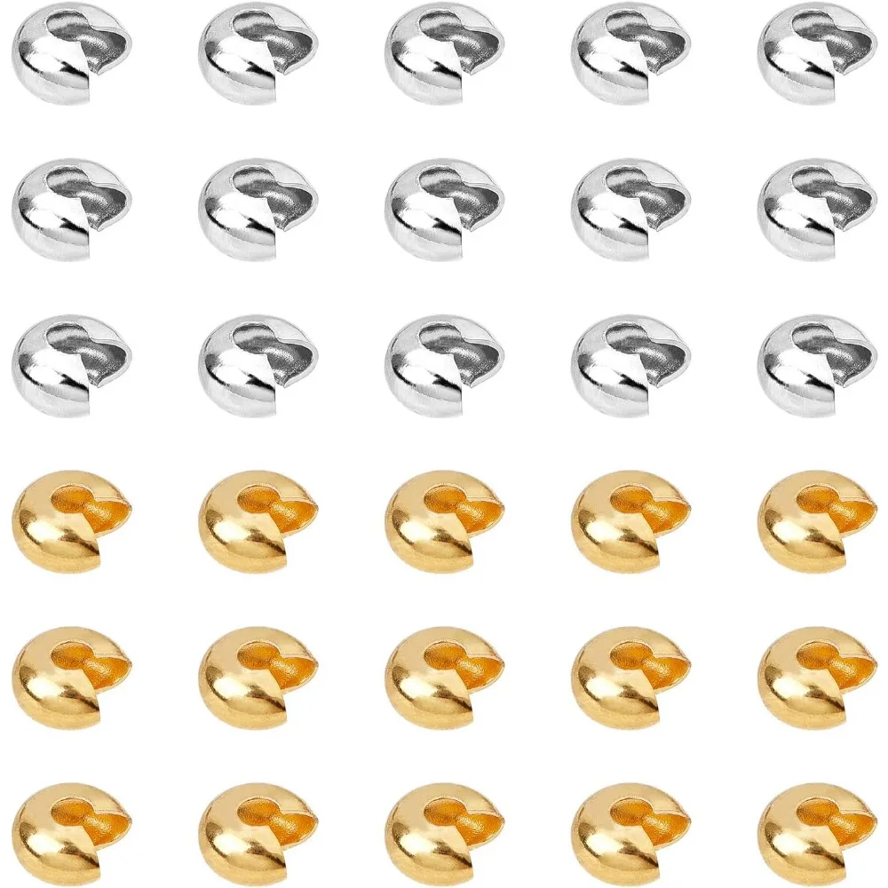 200 Pcs 6mm Brass Crimp Beads Covers Half Round Open Tube Beads Knot Cover Caps for Jewelry Making (Golden×100 Platinum×100) kit