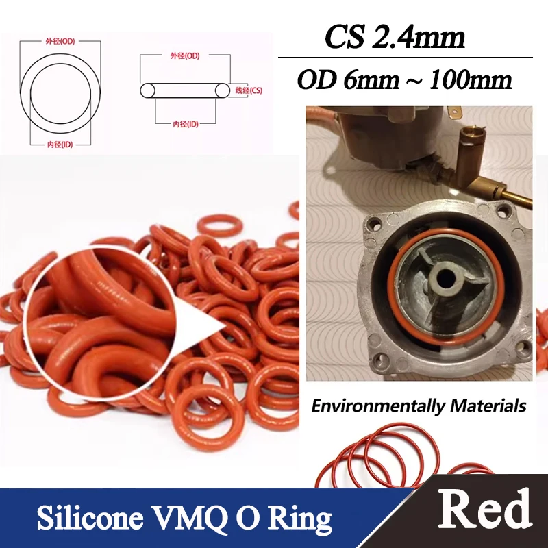 

Thickness CS 2.4mm OD 6mm ~ 100mm 10/50pcs Red VMQ O Ring Seal Gasket Waterproof Washer Round O Shape Food Grade Silicone Ring