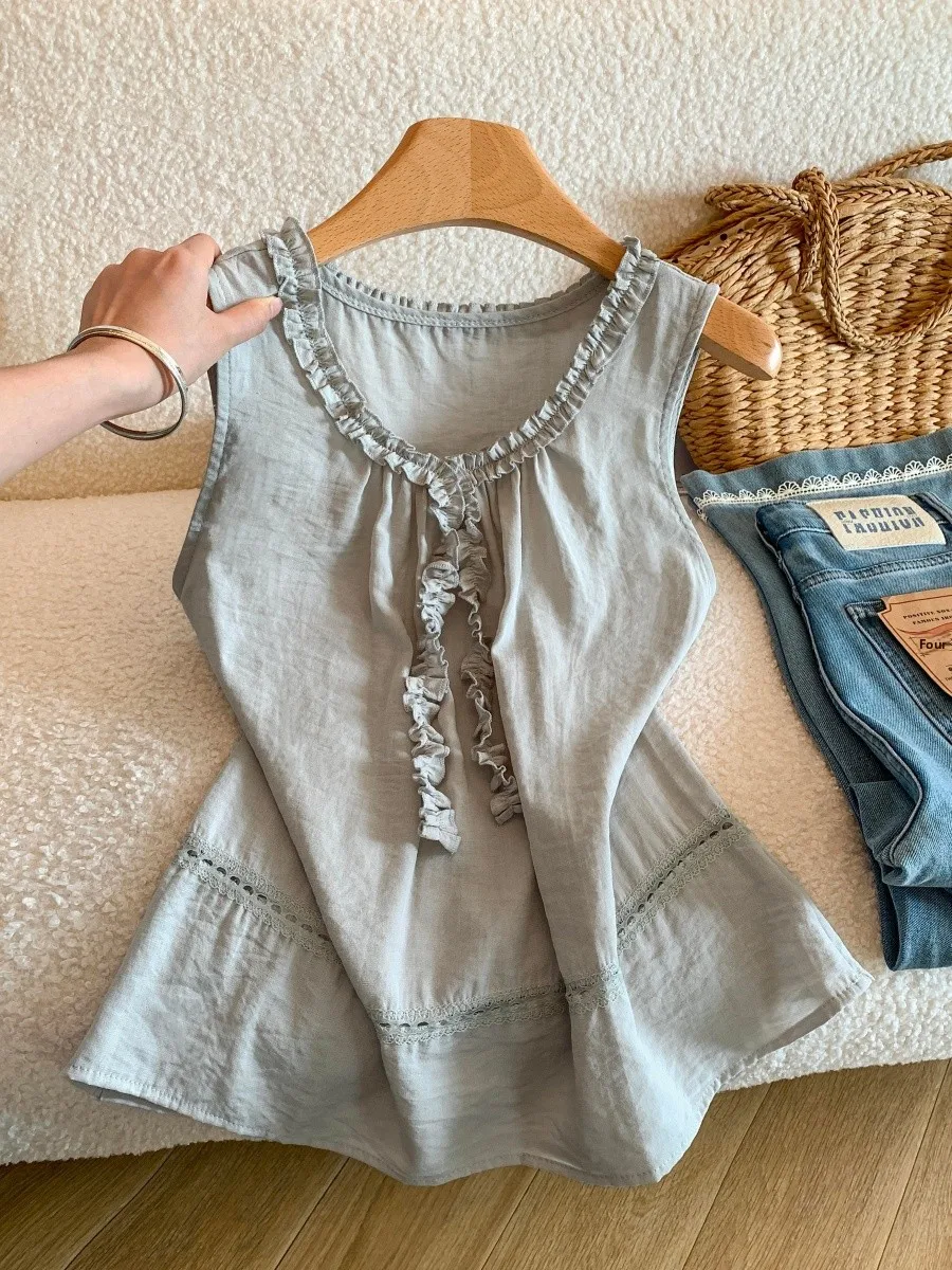 

Gray Lace Design Vest Shirt Women's Summer New Style round Neck Sleeveless Grommet Top Fashionable Loose Fit Casual Wear
