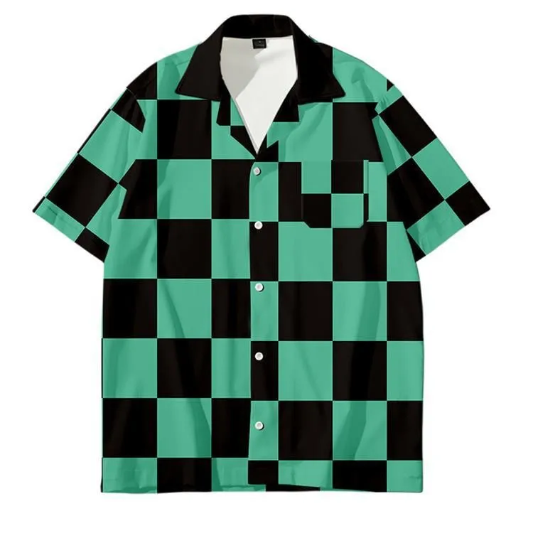 2023 New Checkered Printed Short Sleeve Shirt 3D Digital Printed Men\'s Large Size Handsome Shirt