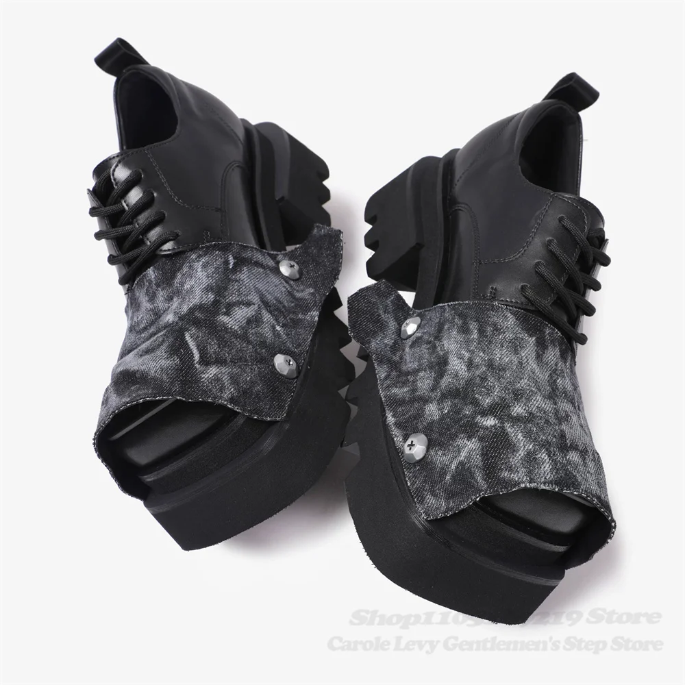 Black Square Toe Thick Soled Leather Shoes for Men Washed Denim Splicing Lace Up Handmade Luxury Casual Leather Shoes