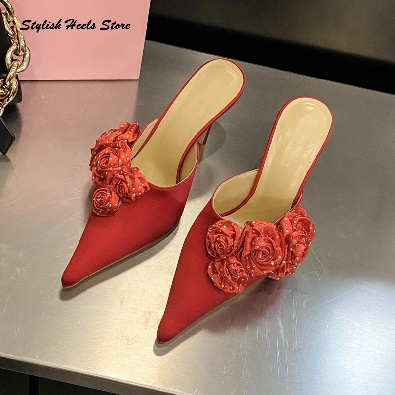 Rhinestone Rose Blossom Pointed Toe Mules Elegant Women Floral Thin Heels Sandals Summer Fashion Stilettos Party Wedding Shoes