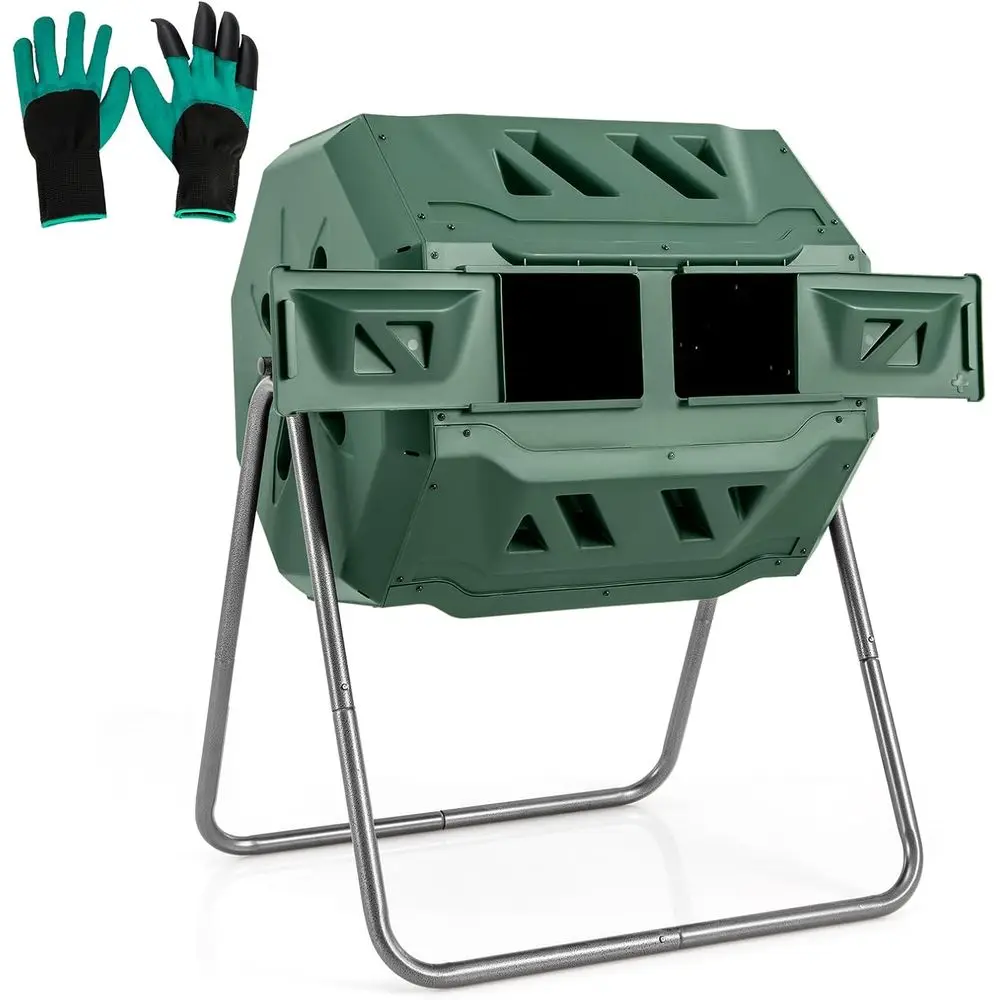 Dual Chamber 42-Gallon Outdoor Composting Tumbler with Sliding Doors and 360° Rotation for Yard Waste and Garden Compost