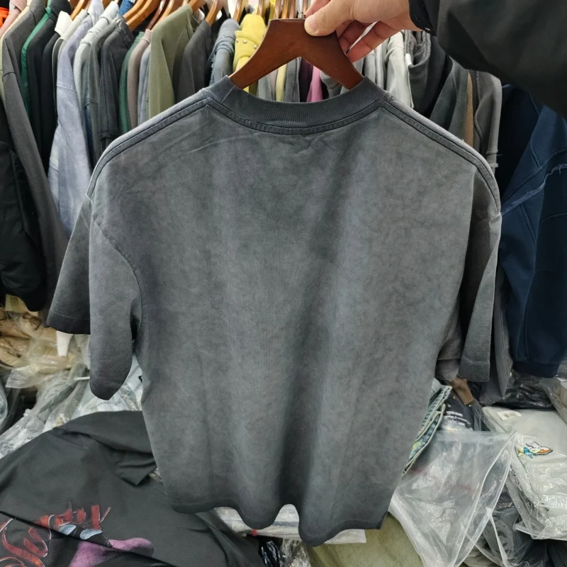Men's Oversized Washed T-Shirt Embroidered Logo Casual Streetwear Grey Cotton Top