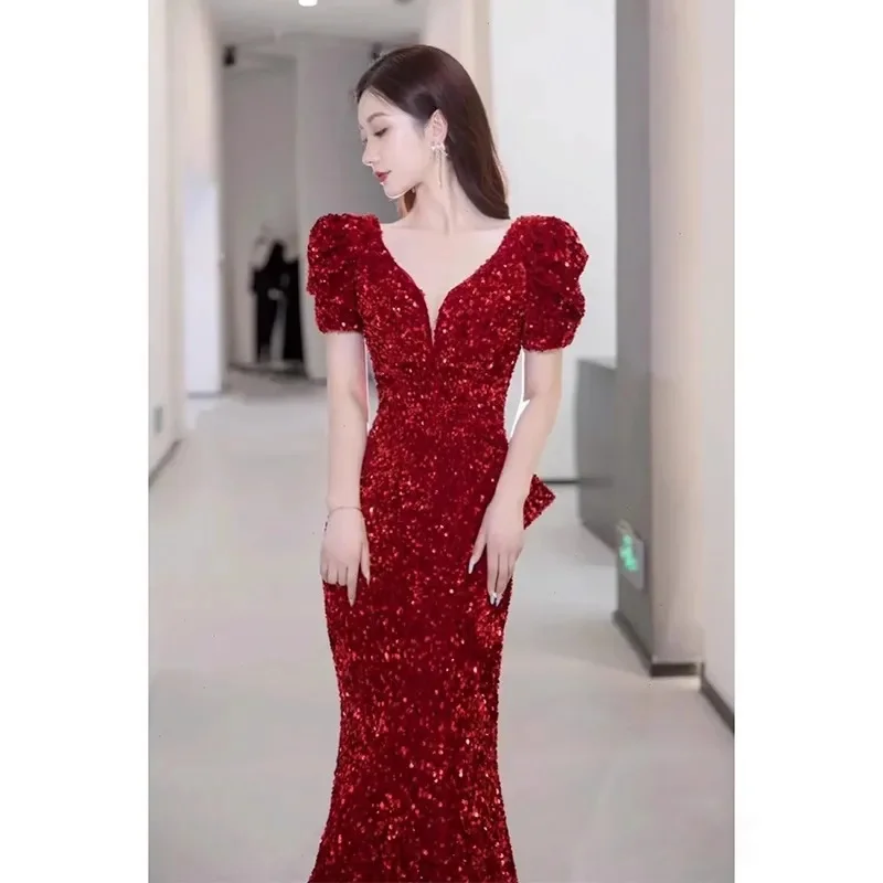 Feminino novo cauda de peixe emagrecimento brinde vestido, noiva vinho vermelho lantejoulas high-end sentimento 2025 verão sexy noivado vestido de noite tendência