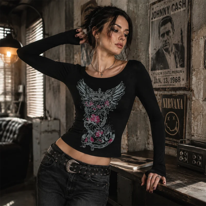 Women Y2K Gothic Slim Scoop Neck Long Sleeve Crop Top Wing Rose Graphic Print Thumb Hole Cuffs Grunge Streetwear Night Club Wear