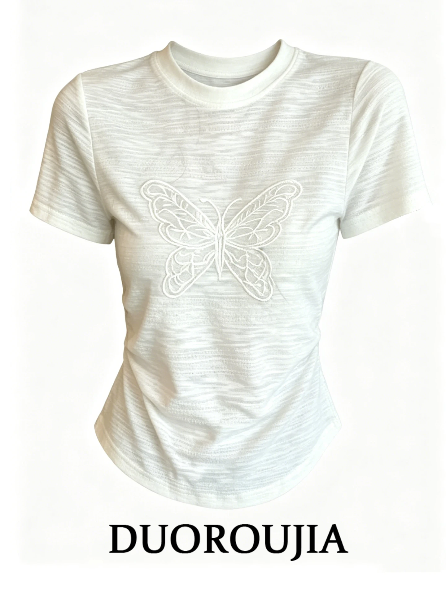 

Slim Fit round Neck Short Sleeve T-Shirt Women Summer plus Size Embroidery Shoulder Length Korean Style Casual Top