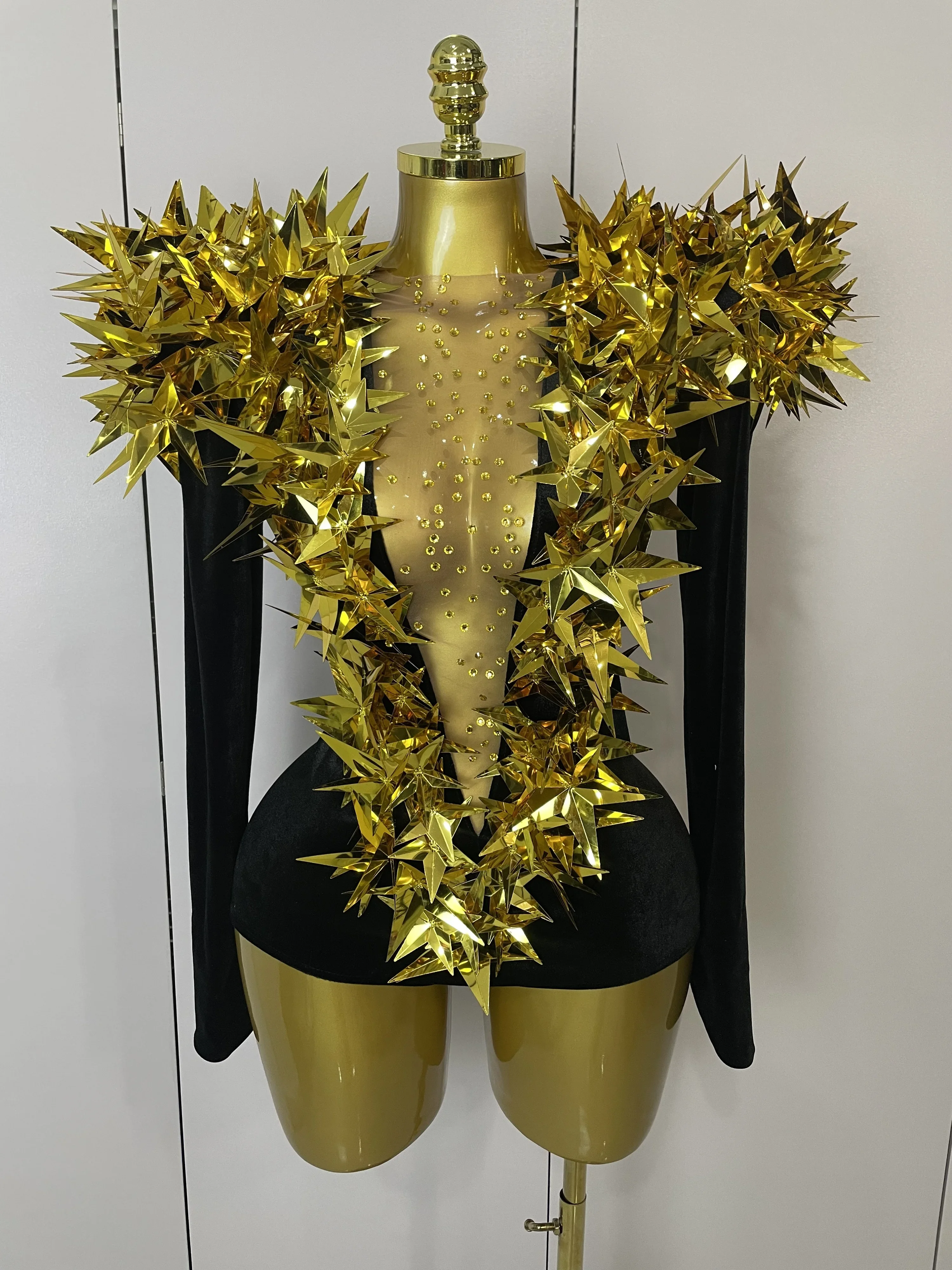 

Черный бархатный комбинезон с длинными рукавами и блестящими золотыми стразами для женщин, костюмы для вечеринок, баров, сценических выступлений