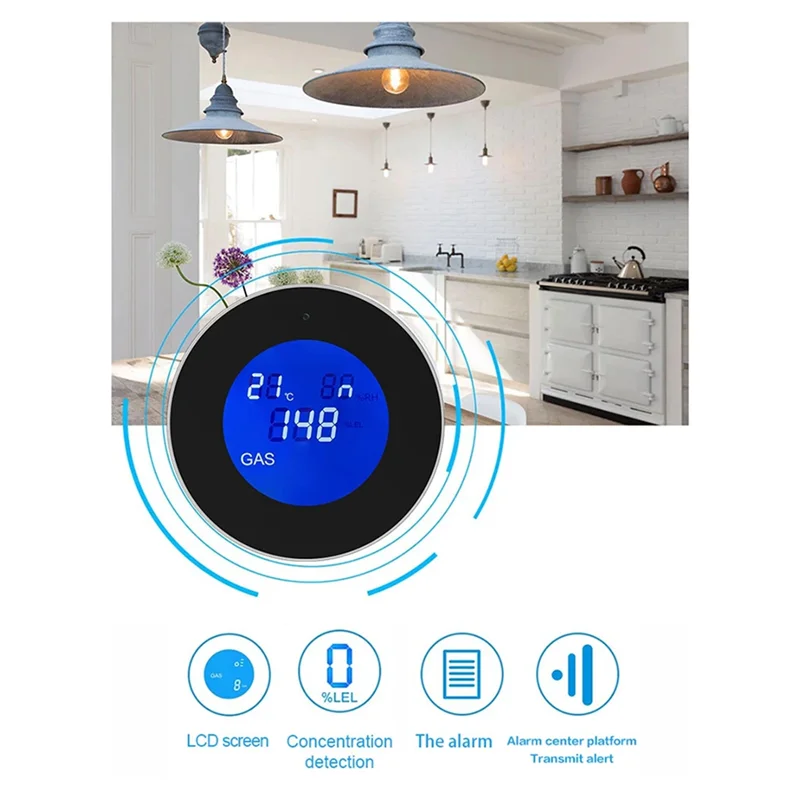 BNVN-Tuya Wifi مستشعر إنذار الغاز الطبيعي الذكي إنذار الغاز القابل للاحتراق مع وظيفة درجة الحرارة مع شاشة LCD مع تطبيق Tuya EU