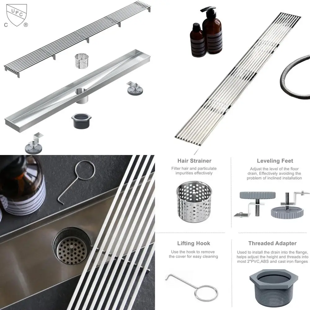 32 Inch Brushed Nickel Shower Drain with Removable Grate and Hair Strainer, CUPC Certified