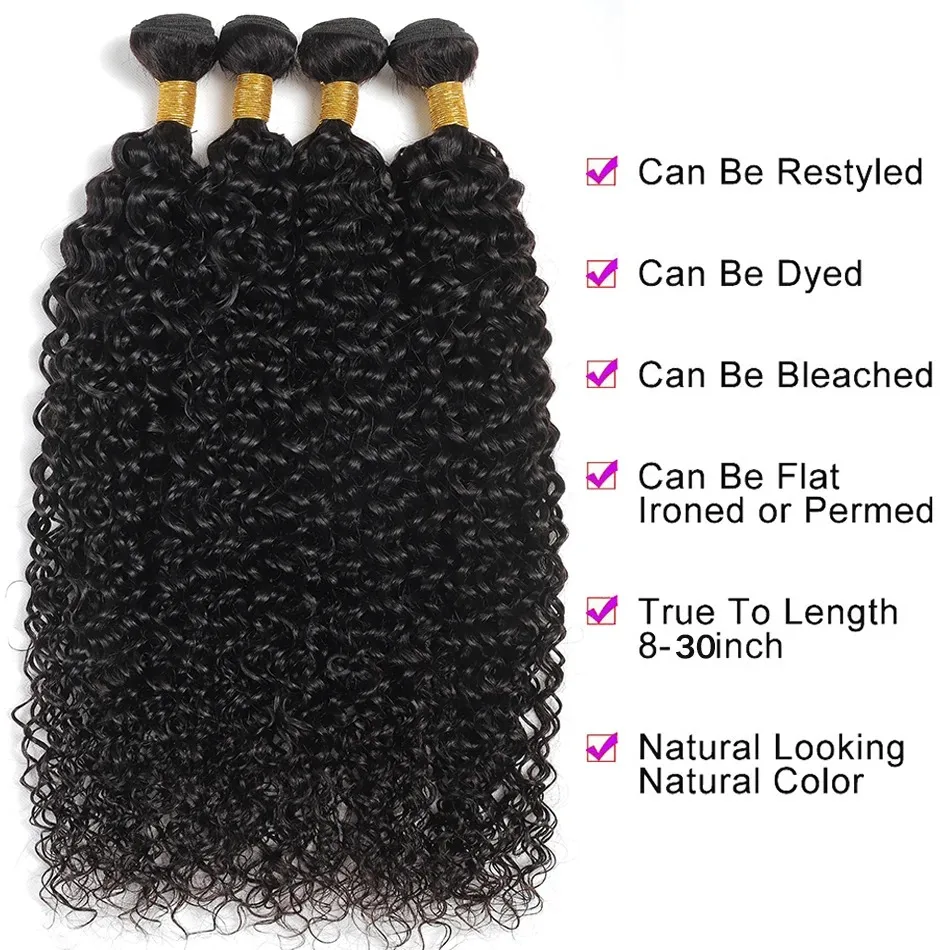 Bundles de tissage de cheveux humains bouclés crépus, cheveux brésiliens, extensions de cheveux, Remy, 8-30 po, 1 PC, 3 PCs, 4PCs