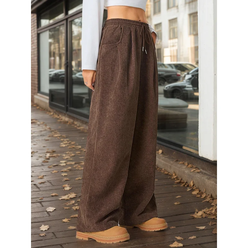 YQ1-Women's Style américain marron foncé pantalon décontracté ample automne hiver drapé taille élastique jambe large minceur pantalons longs