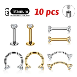 10Pcs/lot ASTM F136 Titanium 16G CZ Cartilage Helix Daith Rook Earring Eyebrow Curved Barbell Labret Lip Piercing Body Jewelry