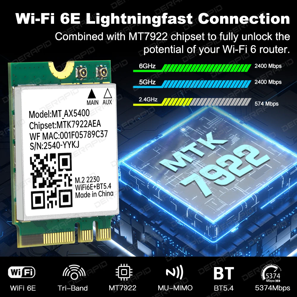 WiFi 6E MT7922 M2 Wireless Card 5374Mbps Bluetooth 5.4 Tri Band 2.4G 5G 6G 802.11ax MU-MIMO Network Adapter for Win10 11 AX210