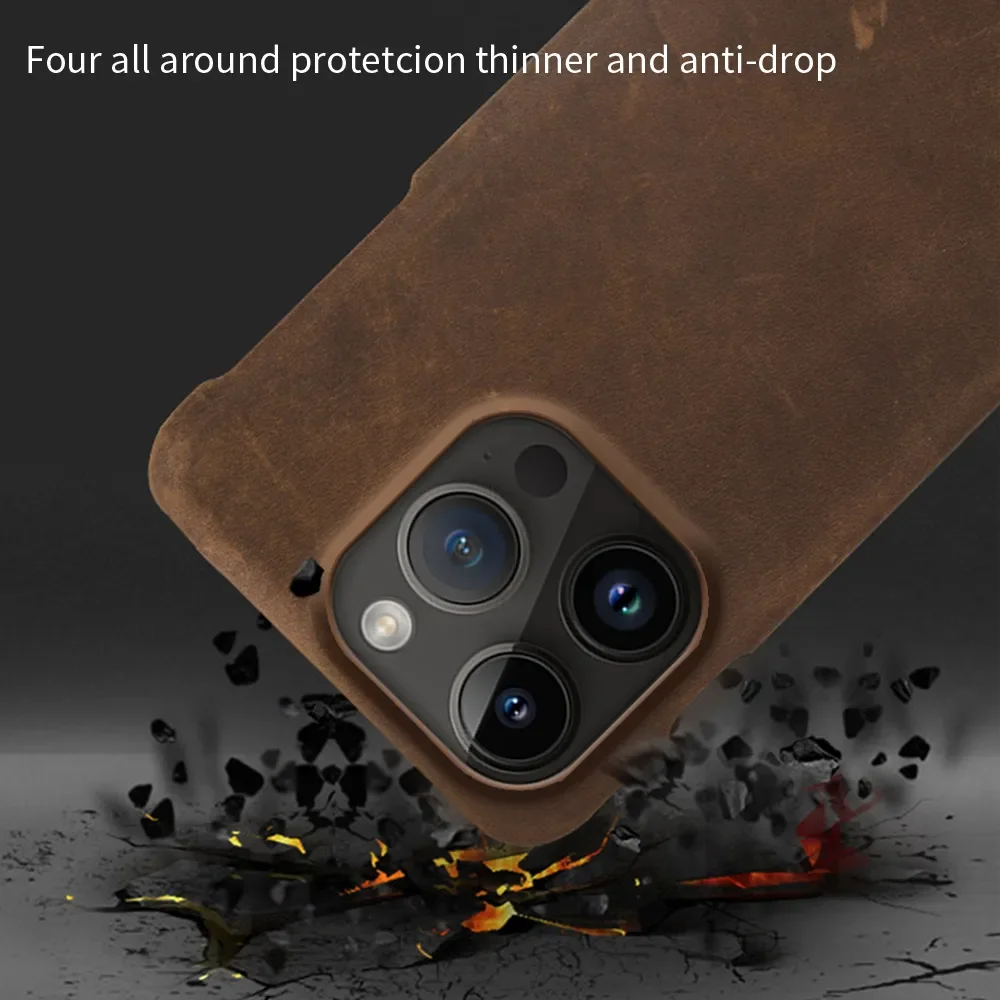 Original Handmade Genuine Pull-Up Leather Phone Case for iPhone 16 15 Pro Max 14 13 Retro Crazy Horse Skin Matte Back Cover