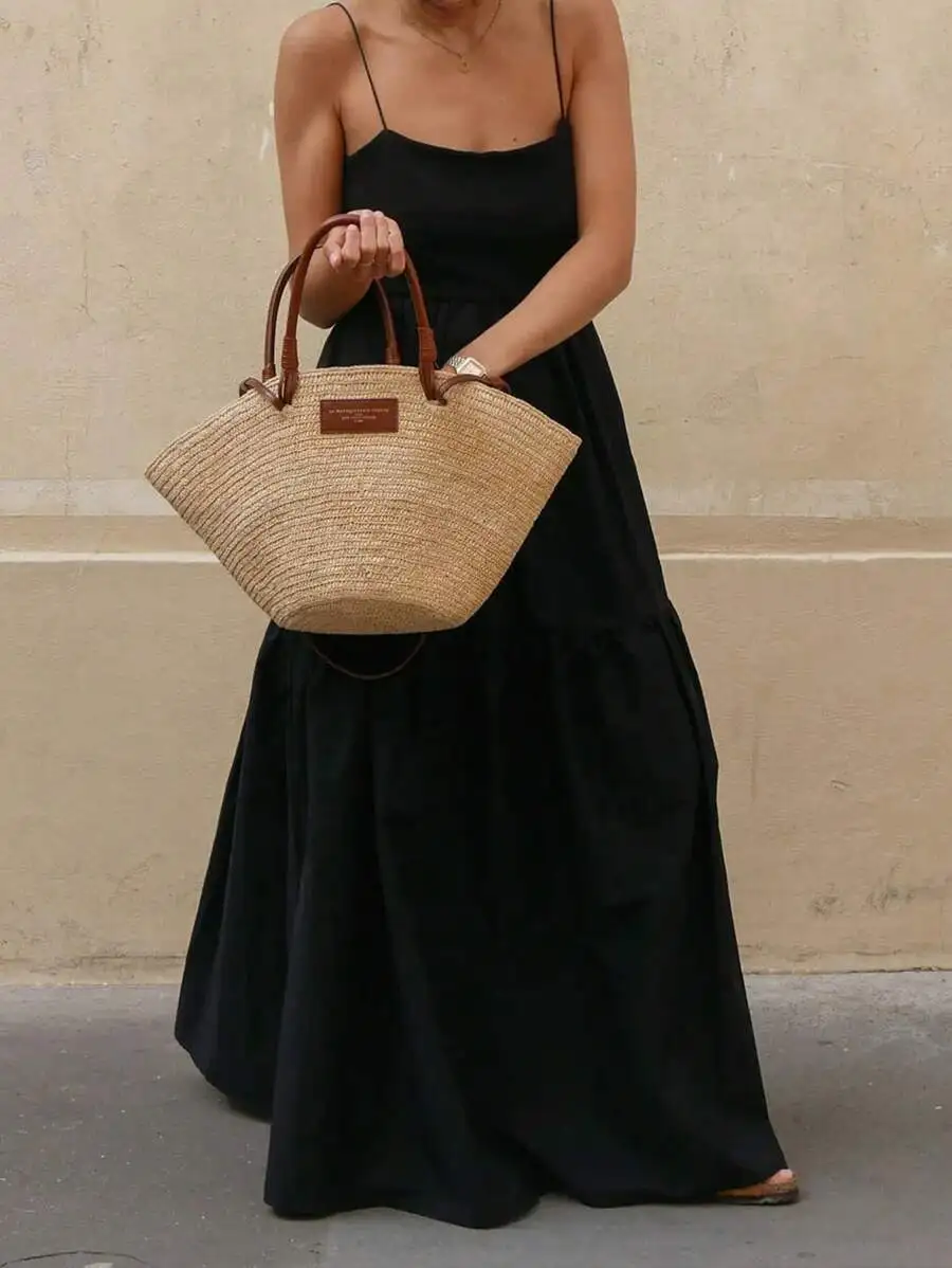 

Women Solid Color Casual Backless Spaghetti Strap Black Maxi Dress
