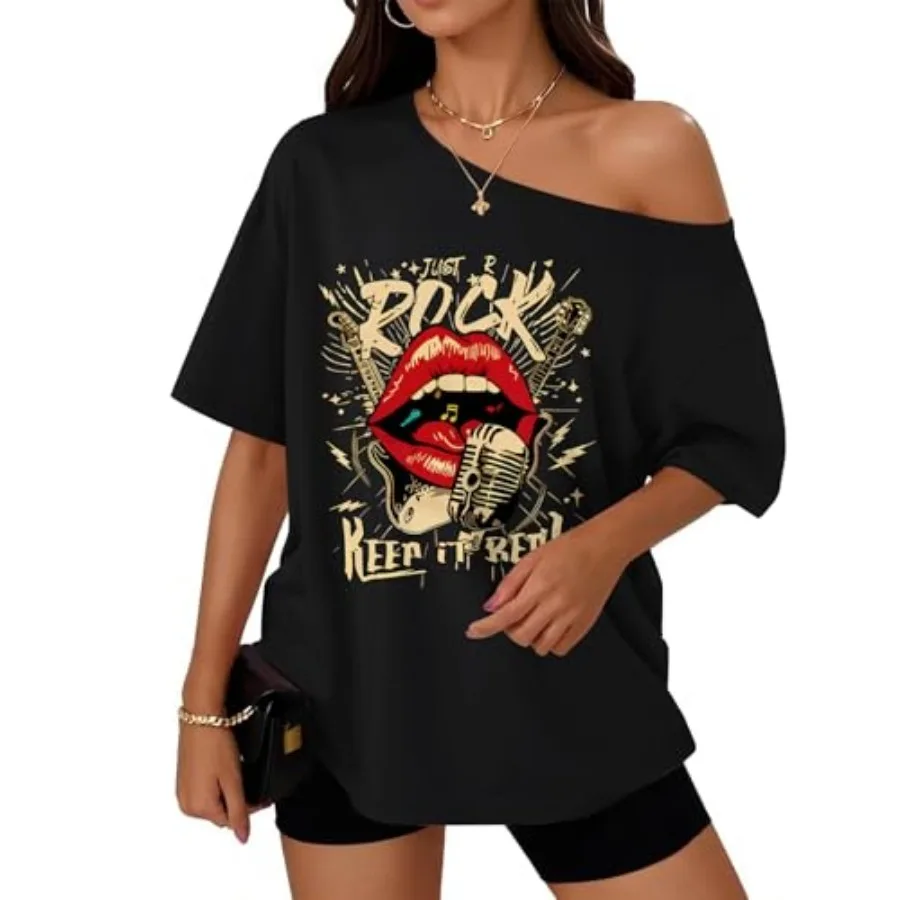 

Y2k Oversized Off The Shoulder Shirts for Women Vintage Rock and Roll T Shirt Lips Graphic Tees Country Music Tops