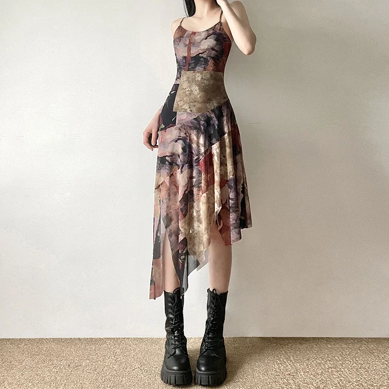 y2k Distressed Floral Print Irregular Long Dress Summer Vacation Party Dresses for women 2024 Vintage 2000s Clothing Lady