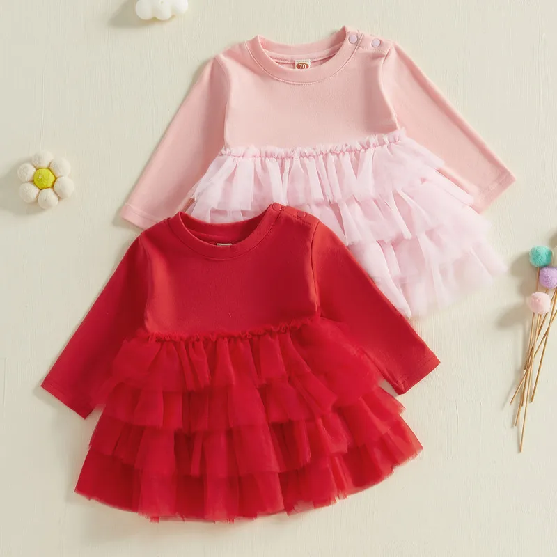 RUEWEY 6 Months to 4 Years Baby Girl Dress Spring Autumn Clothes Solid Color Round Neck Long Sleeve A-line Princess Dresses