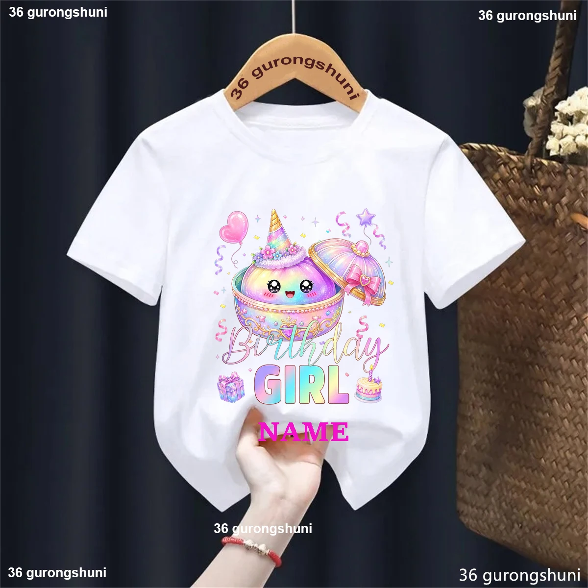 Personalized Name Cute Unicorn Egg Rainbow Dumpling Graphic Tee, Magical Glitter Princess Birthday Party Girls Tshirt Tops Gift