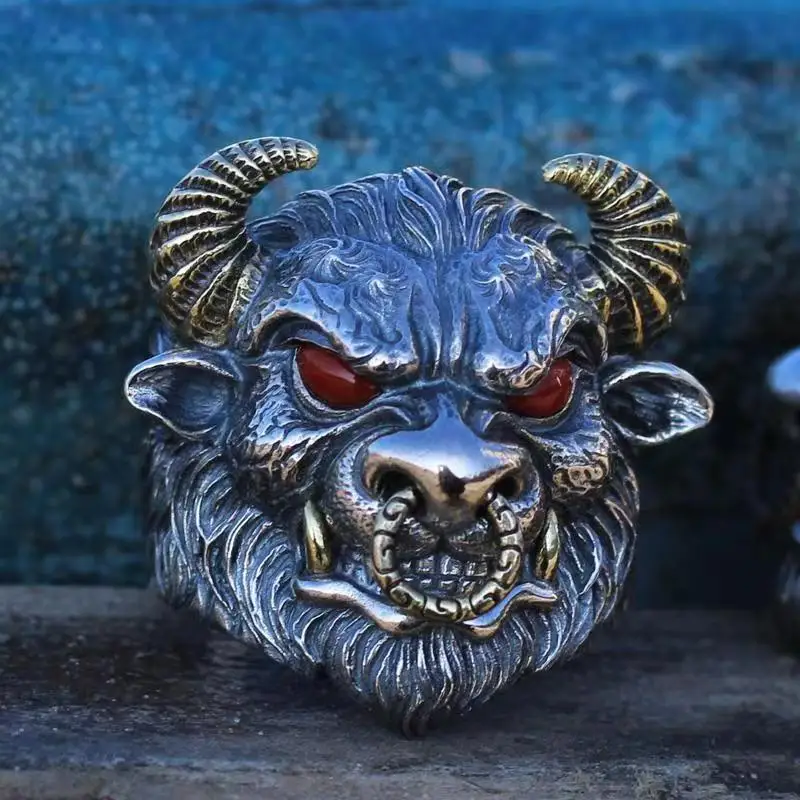 Punk Bull Head Ring Ethnic Wind Mythological Bull Demon King Open Ring Men\'s Gothic Rock Trend Party Jewelry