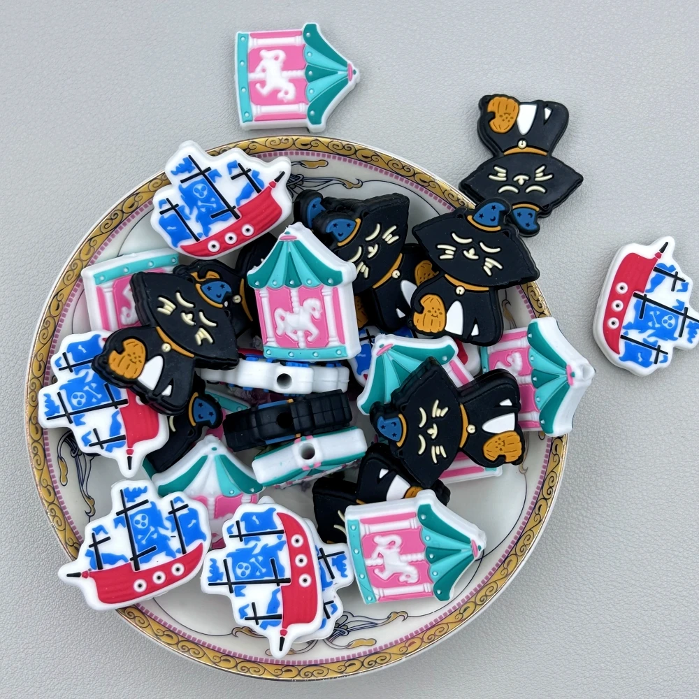 10PC Baby Silicone Bead Cat Boat Carousel Bead Teethe Baby DIY String Pen Bead Nipple Chains Jewelry Accessories Teethe Kawai