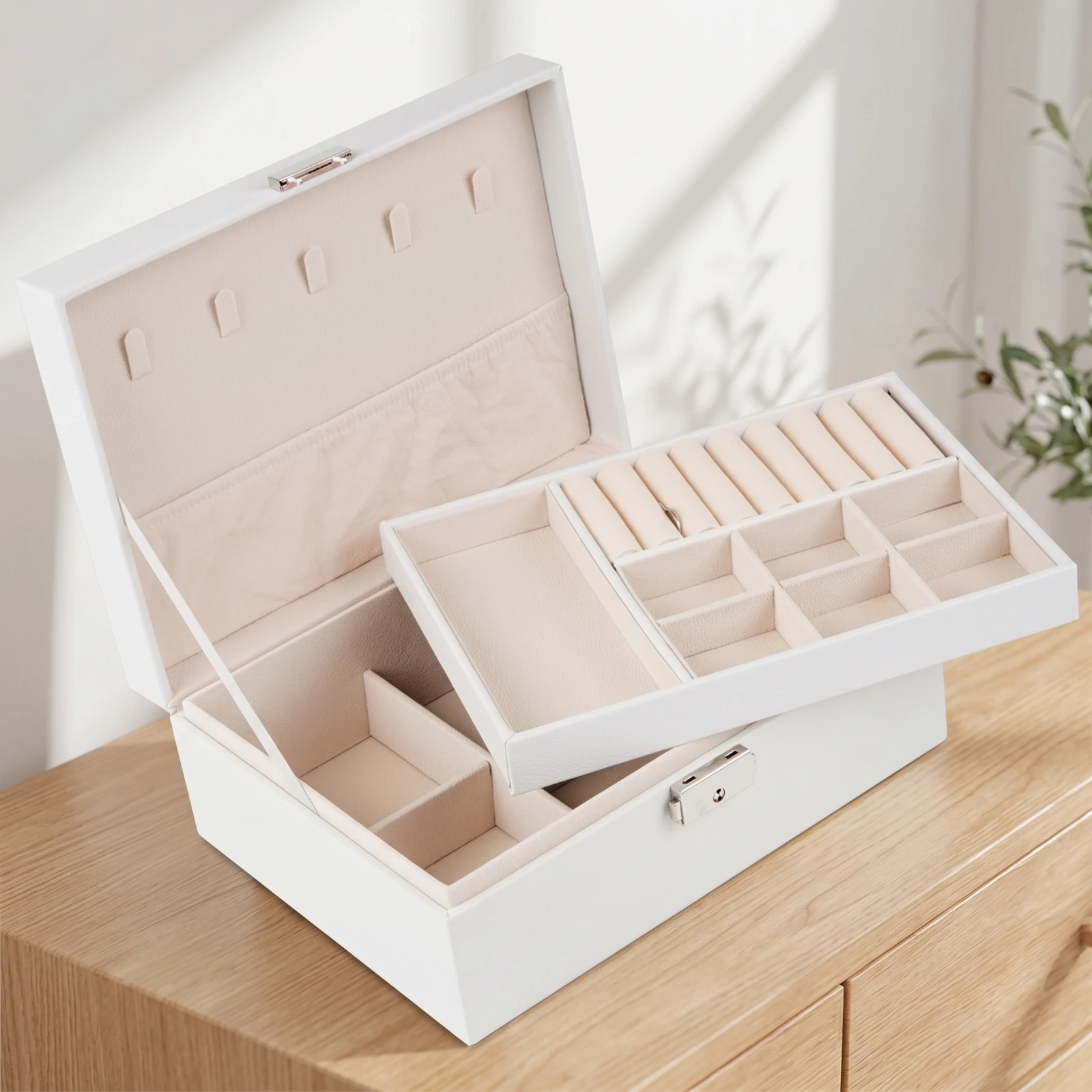 Double-Layer Jewelry Box Sturdy Jewelry Box with Removable Tray Portable Compact for Women, Dressing Table, Travel