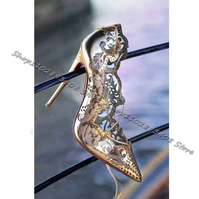 

Carved Ankle Strap Stiletto Pumps Pointed Toe Shallow High Heels Women Shoes Design for Women Party Pumps Zapatos Para Mujere