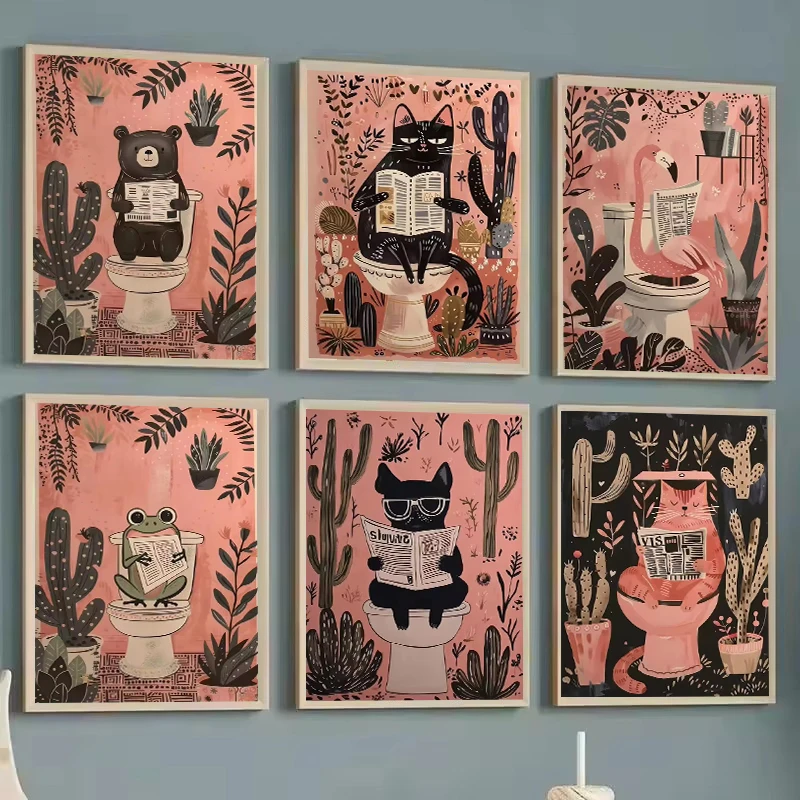 Pink Black Cat Dog Frog on The Toilet Reading Poster Bath Prints Animals Canvas Painting Wall Art Pictures for Toilet WC Decor