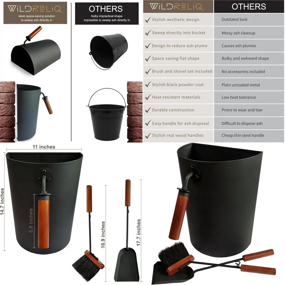 

Компактный набор ведер для золы емкостью 3,5 галлона с инструментами для камина и уличных костра