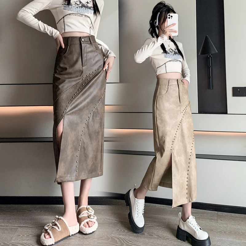 

Autumn Winter Solid PU Leather Pencil Midi Skirts 2023 New High Waist Classic Side Split Sheath Wrap Saias for Female E71