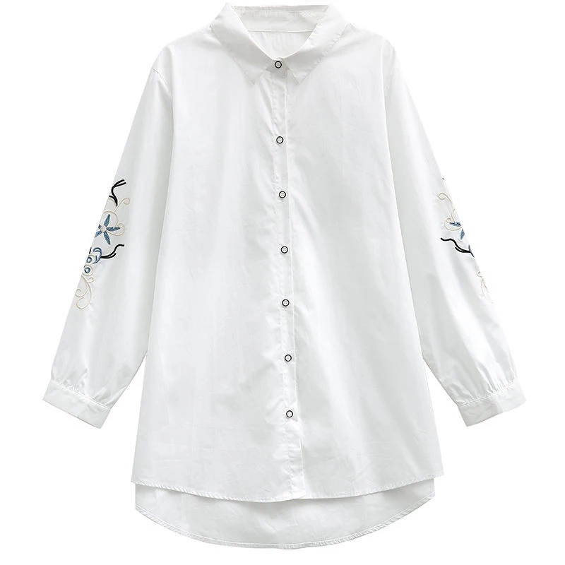 Korean Simple Embroidery White Cotton Button Up Shirts Spring Casual Long Sleeve Loose Tunic Tops Blouses for Women Clothes 2023