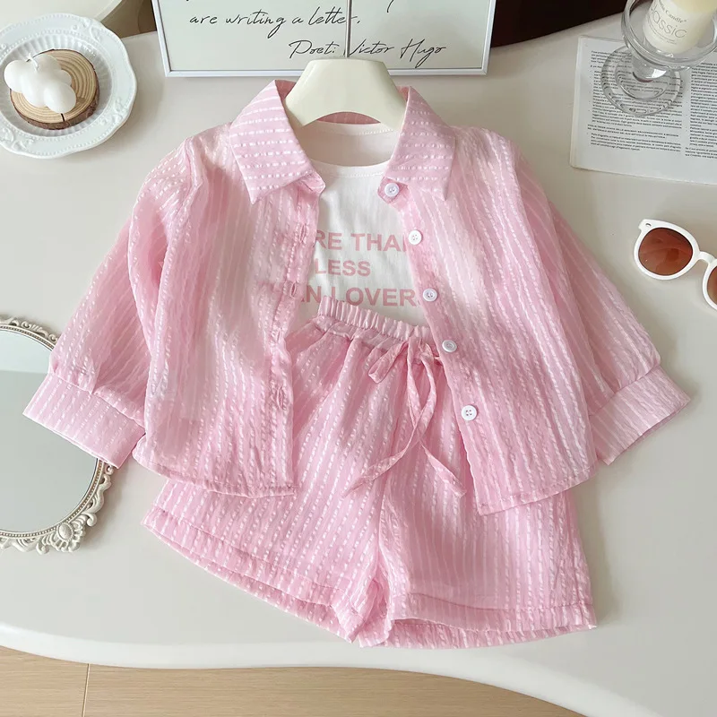Girls Korean Version of the Three-Piece T-Shirt Short-Sleeved Summer New Undershirt Fashion Children's Sunscreen Clothing Shorts