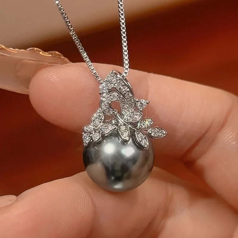 

Elegant Grey Pearl Jewelry Leaf Design Necklace Earrings with Sparkling CZ Zircon Women's Fashion Accessories Party Daily Wear