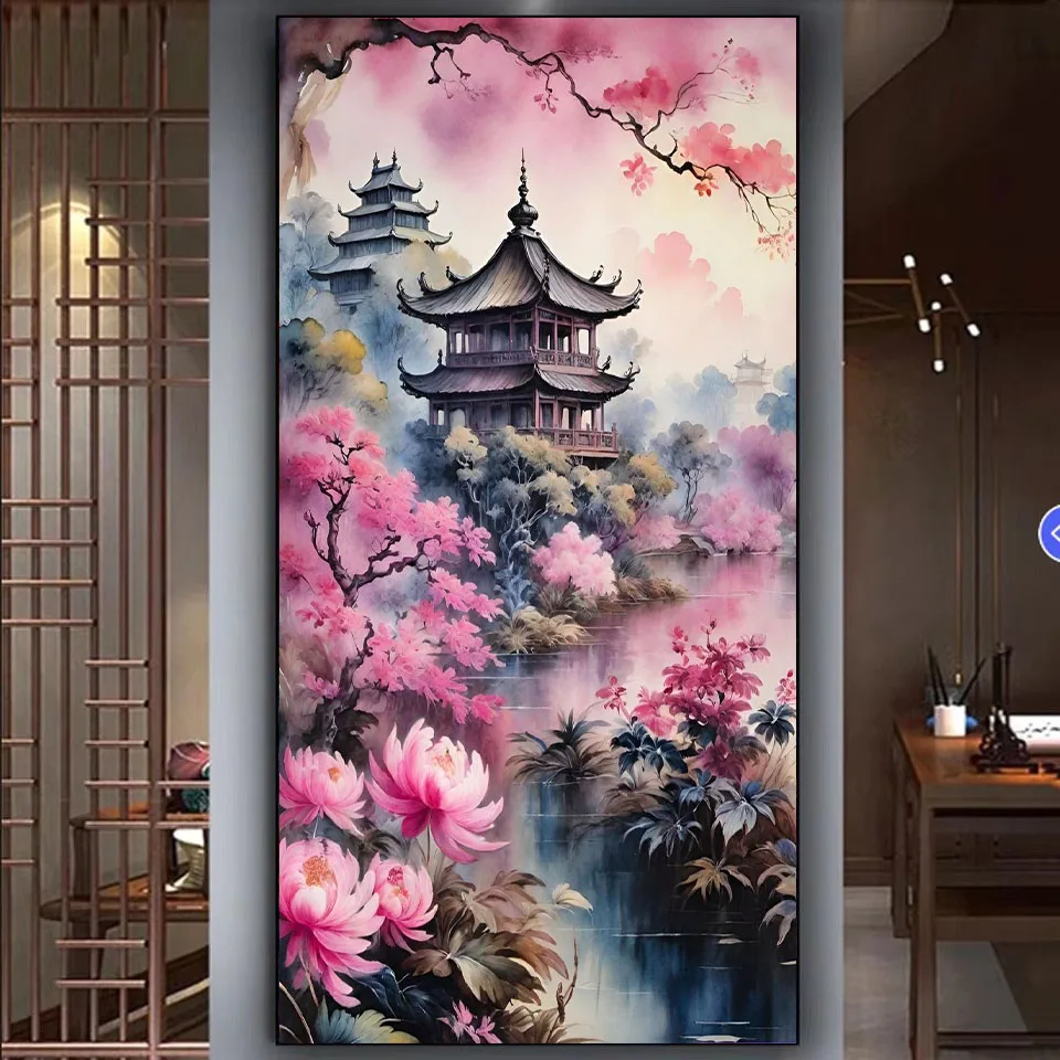 5D Diamond Painting Flower Pavilion House Picture Full Diamond Mosaic Chinese Style Landscape Embroidery Cross Stitch Home Decor
