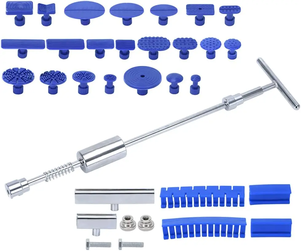 

Универсальный набор для ремонта вмятин без краски с Т-образным стержнем, съемником 2-в-1, 22 съемниками клея, 2 канавками, длинными и короткими линиями