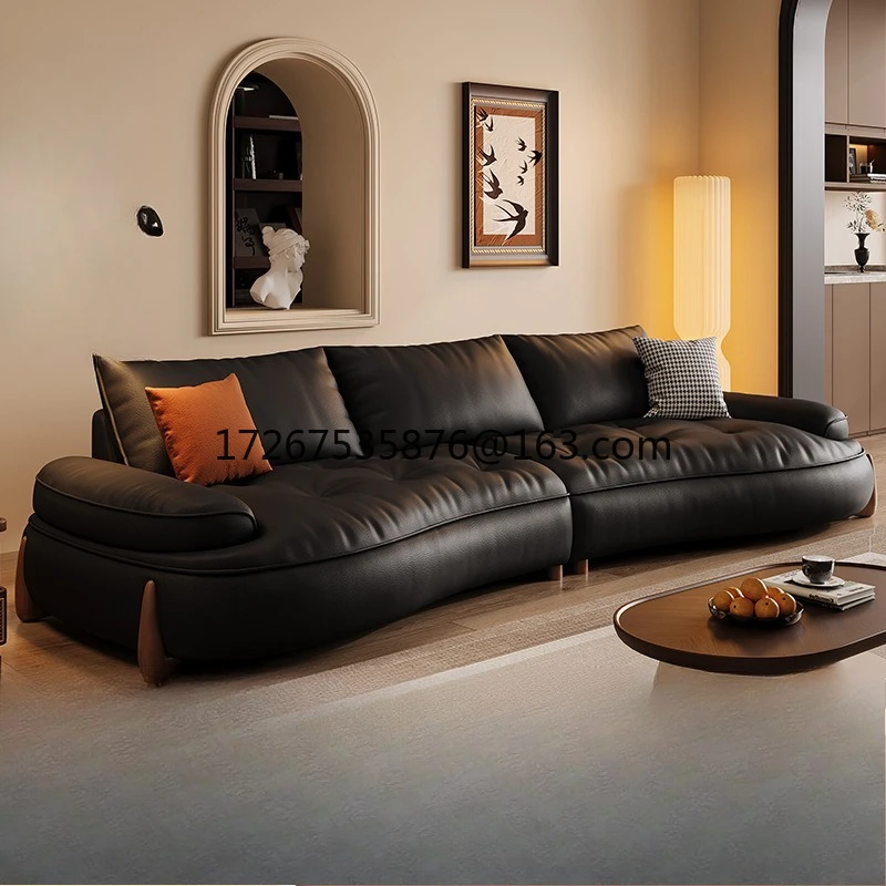 

Retro style leather sofa living room small apartment light luxury modern big seat deep piano keys curved black sofa