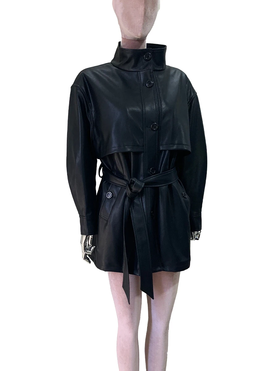 Spring Autumn Windproof Black Soft Pu Leather Trench Coat for Women Sashes Stand Collar Loose Casual Luxury Runway Fashion 2025