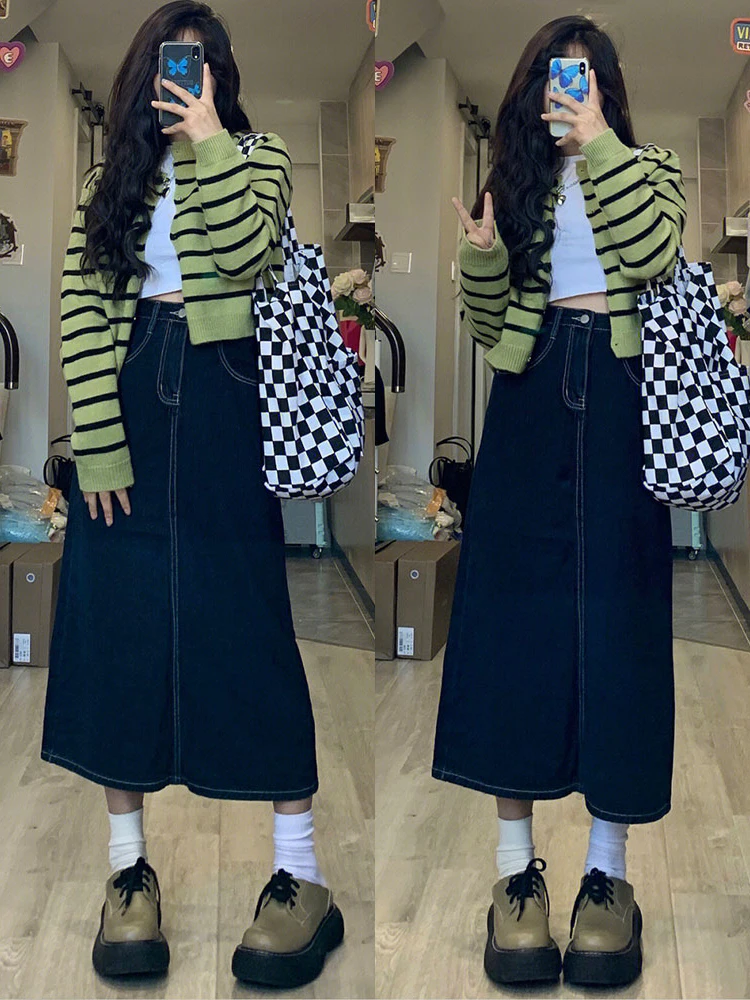 

Deep Blue High Waist A-Line Midi Denim Skirt for Women with Slit Pear ape Body Slimming plus Size Summer f Body Skirt