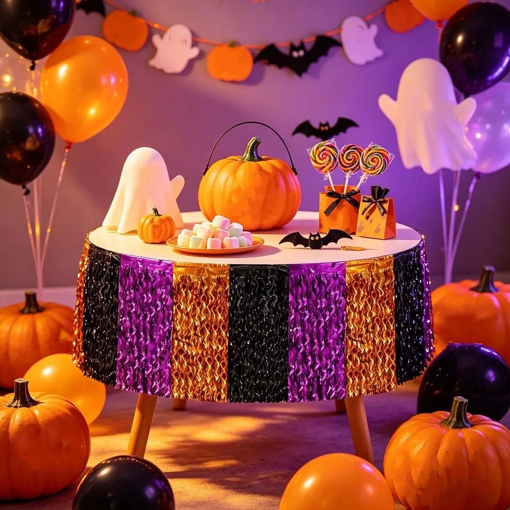 Tri-color Tinsel Table-skirt Shiny-metallic Laser-cut Party Table-border Trimmed Glittery Wavy Streamers Spooky Night