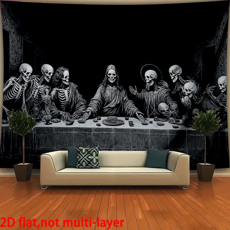VIKAMA Dark Skull Edition Last Supper Tapestry Gothic Style Black and White Skeleton Halloween Horror Spooky Season