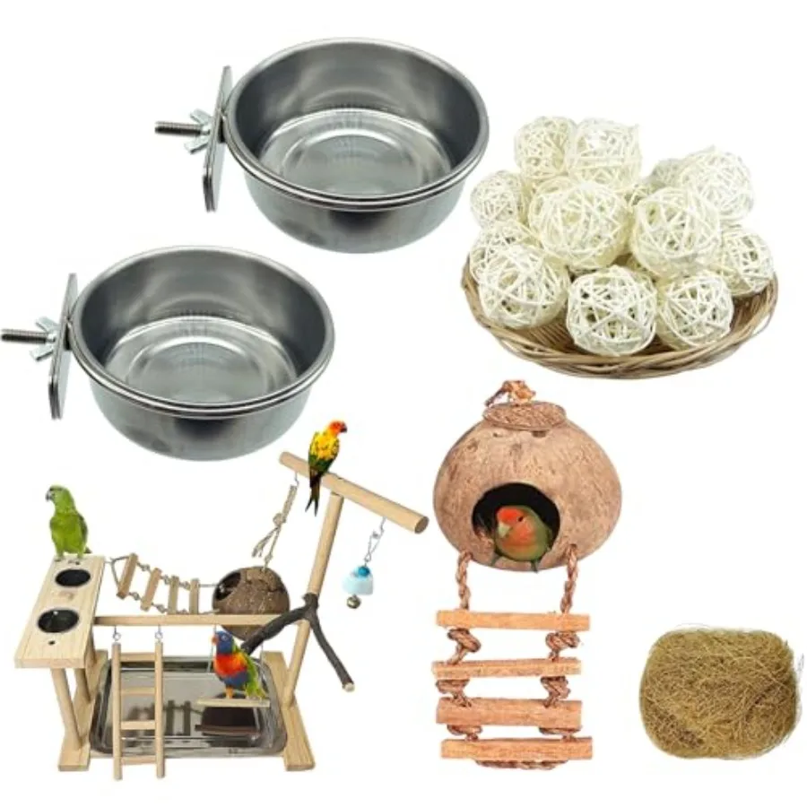 

2 Pcs Bird Feeding Dish 10 oz andCoconut Hide with Ladder (5" L*6" H) and10 Pcs Bird Foraging Toys (1" D) andParrots Playground