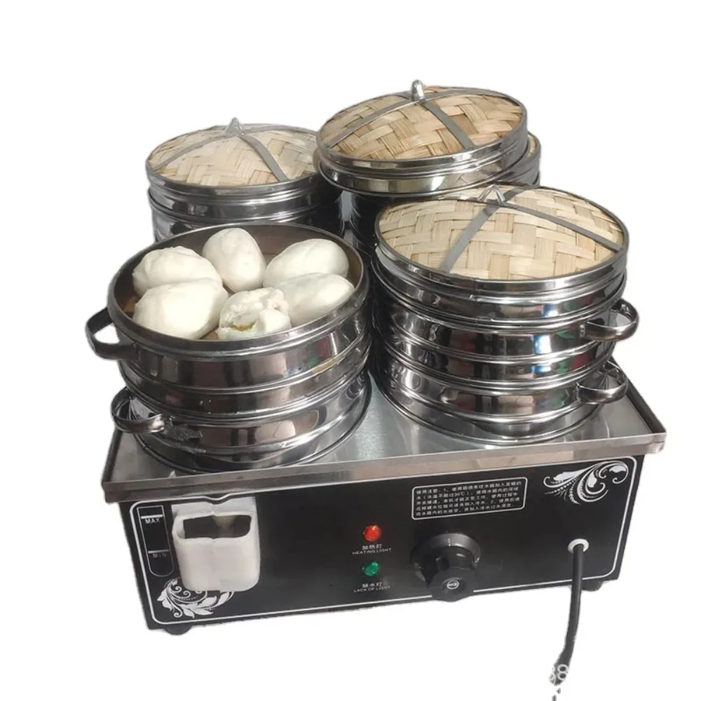 Commercial Electric Steamed Bun Steamer, Four-Hole Design Multi-Food Cooking Furnace for Soup Dumpling, Samosa & Pastry Steaming