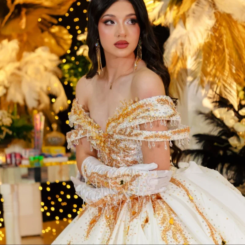 

golden Quinceanera Dress crystal golden glitter beading Decal Long tail Bow Vestidos De 15 Quinceanera ﻿Customize