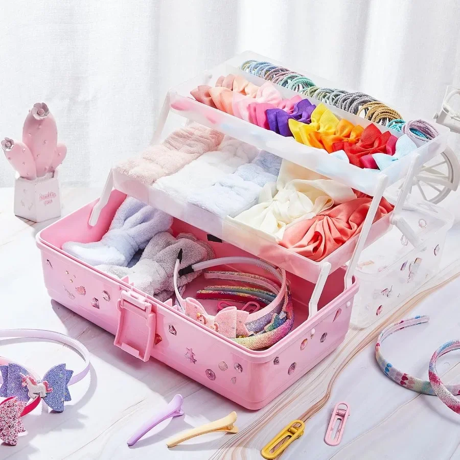 Organizer na akcesoria do włosów 13 cali z składaną tacą i uchwytem, 3-warstwowe plastikowe pudełko do przechowywania narzędzi fryzjerskich, artykułów plastycznych i akcesoriów do szycia.