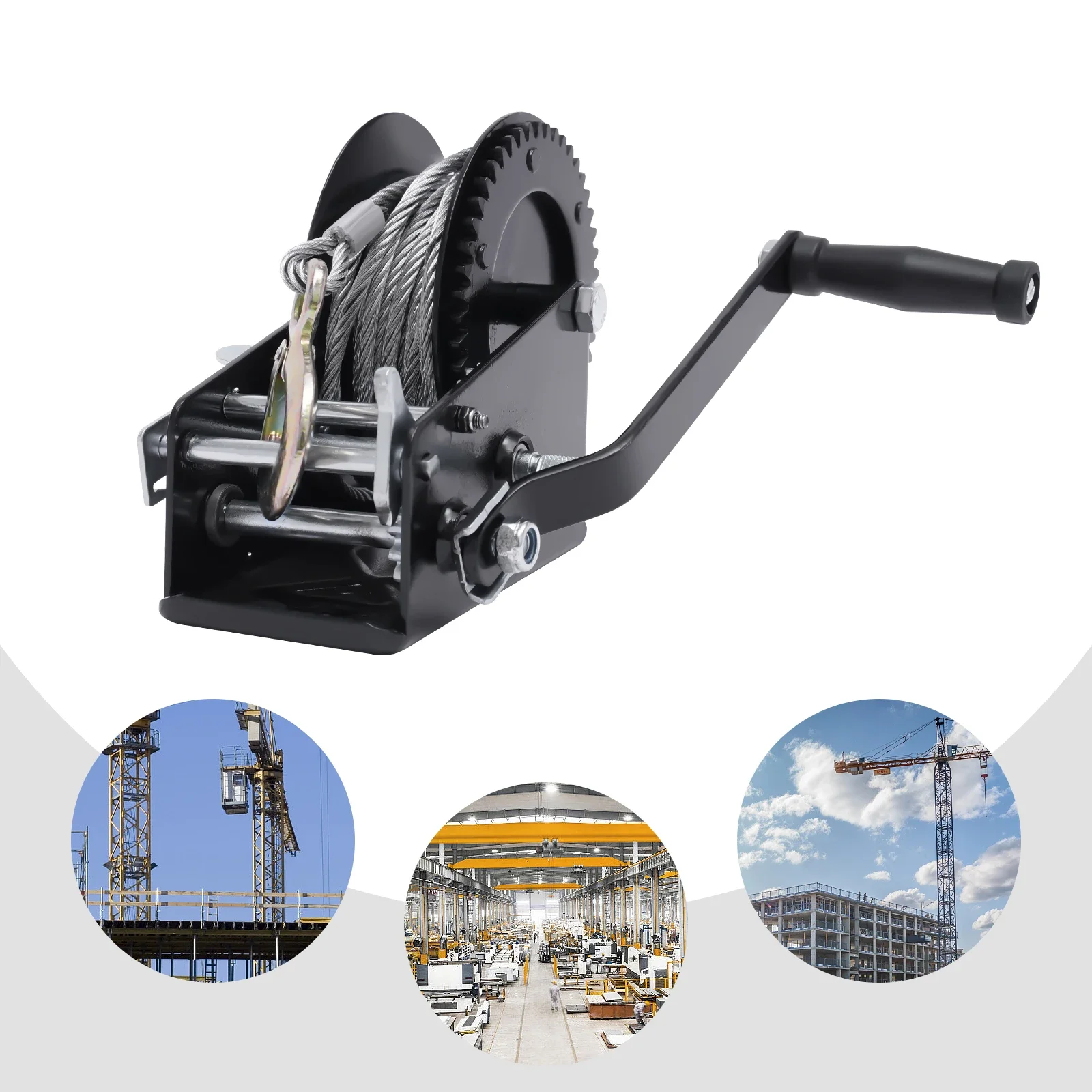 Argano a Mano Efficiente, Verricello Forestale, 192x100x182 mm, Capacità fino a 2000 kg, Rapporto di Trasmissione 4:1 8:1, con Cavo Metallico da 10 m
