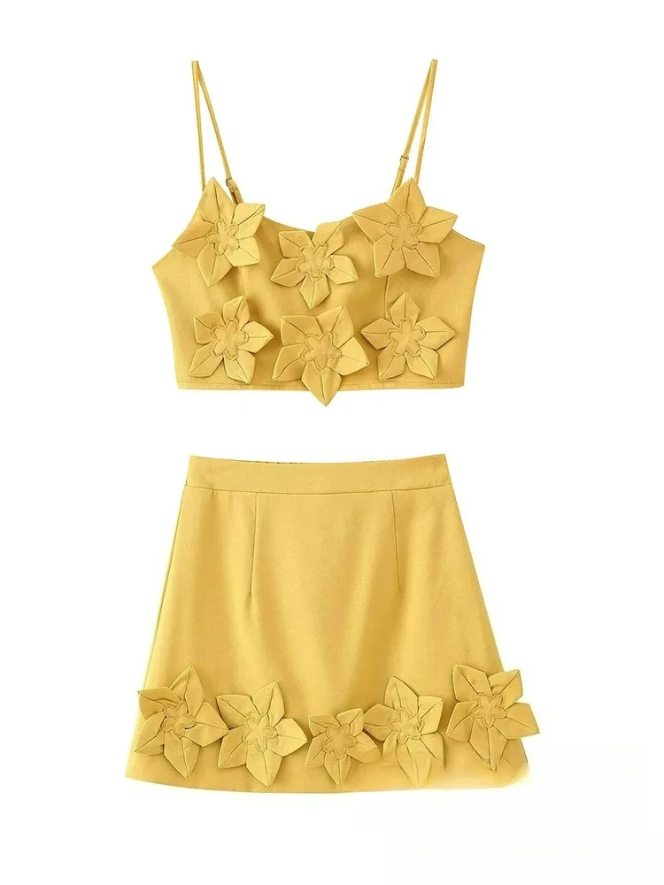 

KONDALA сексуальный женский желтый однотонный костюм на бретельках с цветочным принтом на молнии, короткие тонкие топы с эластичной резинкой на талии, модные летние комплекты 2025 года